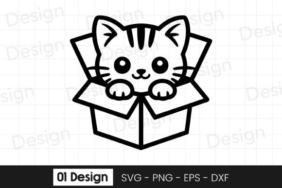 Cute Kitten in Box Outline SVG PNG for Graphics and Crafts