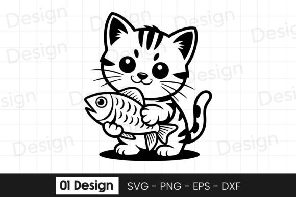 Cute Kitten with Fish Cartoon SVG PNG for Graphics and Crafts